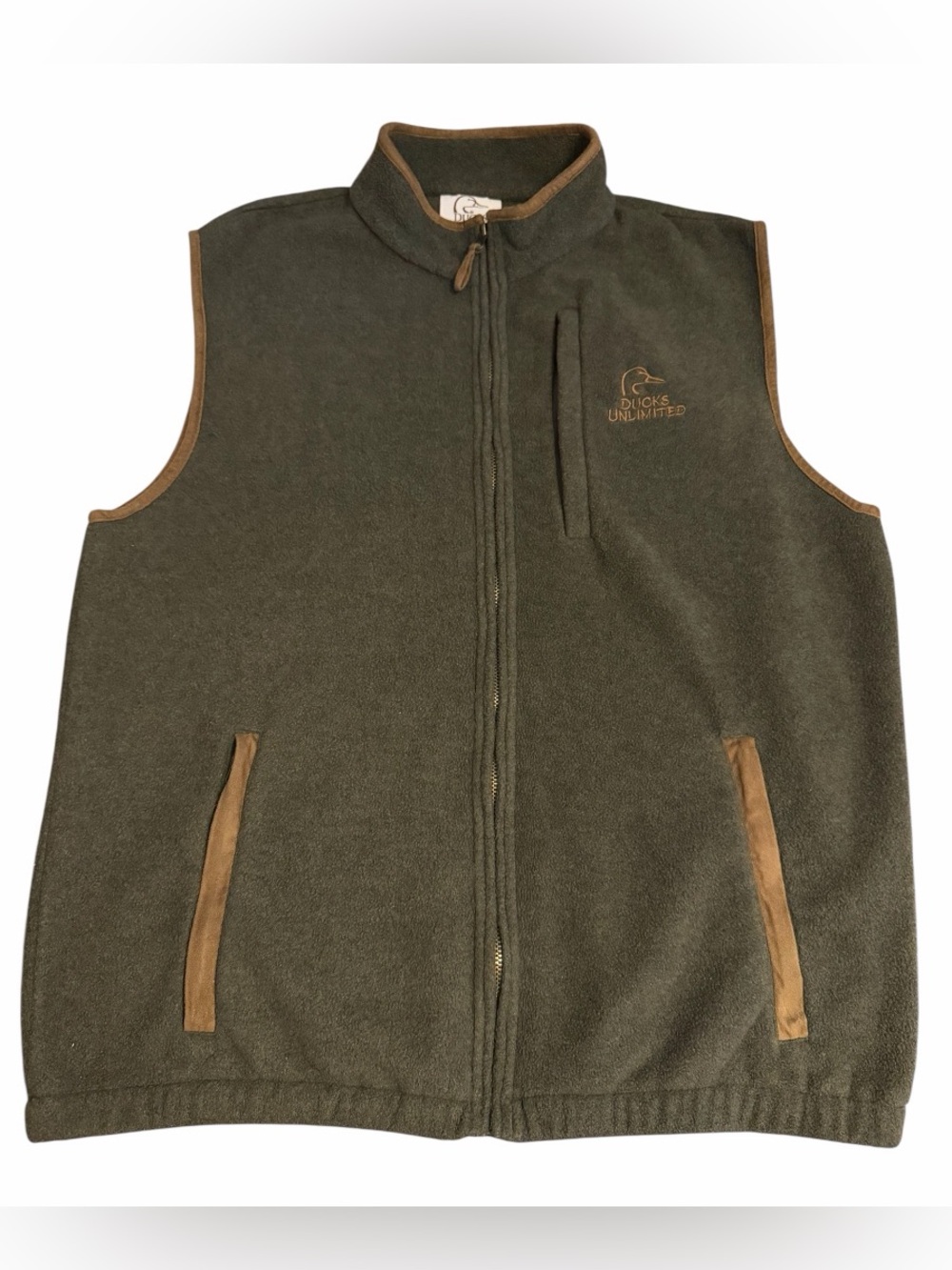 Ducks Unlimited Fleece Vest Men Size Large Olive Green/Brown Full Zip-Pre-owned
